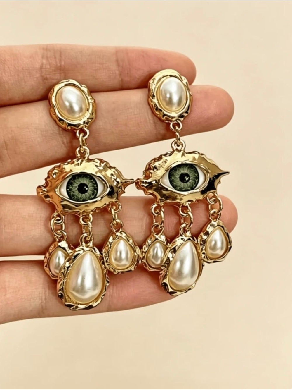 Evil Eye Pearl Drop Statement Earrings - Picture 2 of 5